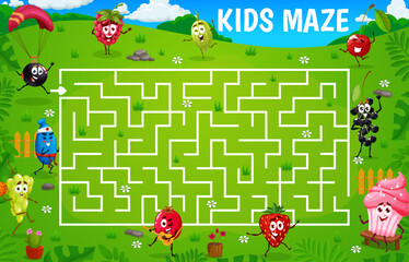 Labyrinth maze. Cartoon cheerful berry characters on summer meadow. Kids quiz, find way labyrinth puzzle vector worksheet with grape, cowberry and rosehip, currant, elderberry, cherry cute personages