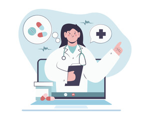 Virtual female medic giving recommendations. Quick and easy way to receive medical advice and treatment from comfort of ones own home. Online medical consultation concept. Flat vector illustration