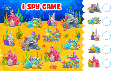I spy game worksheet, cartoon house buildings in underwater landscape, vector kids quiz. Undersea dwelling shelters in ocean rock, seashell or submarine, puzzle quiz to find and match similar picture