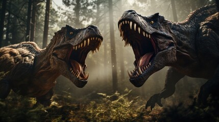 Tyrannosaurus rex is roaring in forest and light beam