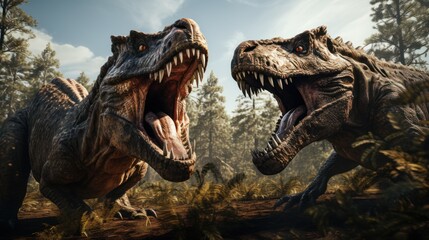 Tyrannosaurus rex is roaring in forest and light beam