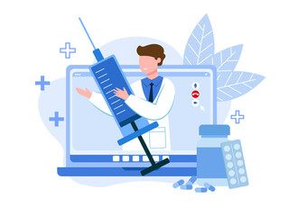 Male holding syringe and talking with patient via laptop. Professional doctor consulting remotely. Providing medical advice to patient. Flat vector illustration in blue colors in cartoon style