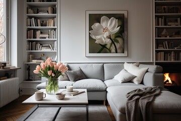 The white Nordic living room interior features a grey corner sofa adorned with blankets. There are hairpin tables holding a tea cup, books, and fresh tulips. Additionally, an abstract painting hangs