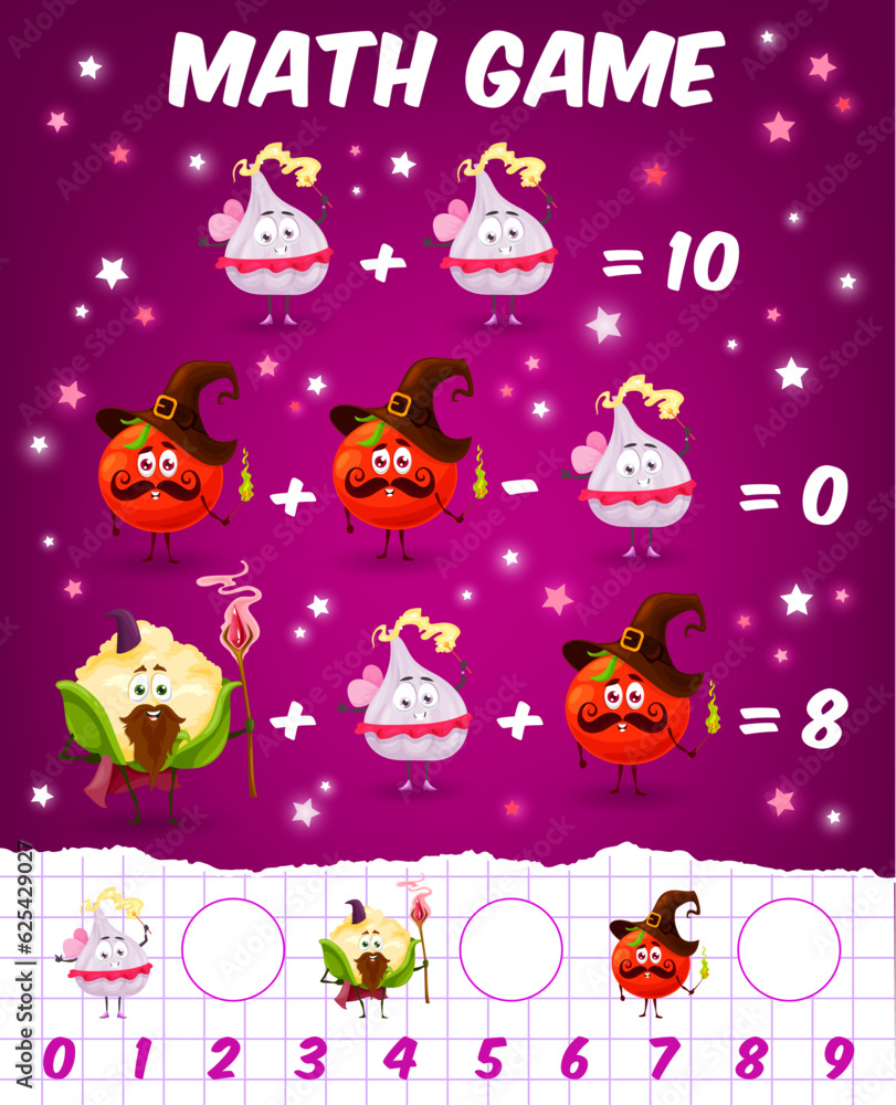Poster math game worksheet cartoon tomato, garlic and cauliflower wizards. vector mathematics riddle for ch