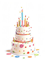 Colorful 3d Style Birthday cake with candles watercolor style on white background