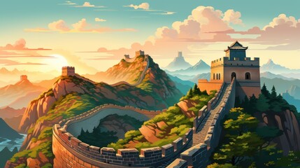 Beautiful landscape of the Great Wall of China, a famous Chinese landmark with postcards or travel posters, Vector illustrations. - obrazy, fototapety, plakaty