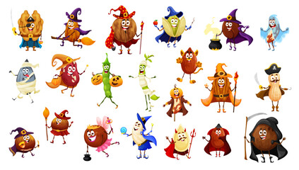 Cartoon Halloween nuts and beans characters as witch wizard and monster, vector holiday icons. Funny cute walnut zombie, hazelnut vampire and kidney bean monster with peanut pirate on Halloween party