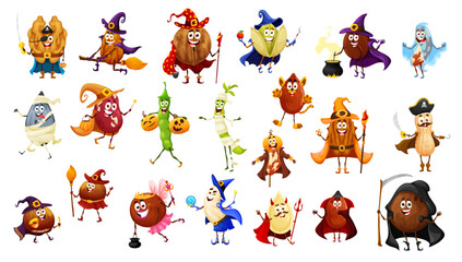 Fototapeta premium Cartoon Halloween nuts and beans characters as witch wizard and monster, vector holiday icons. Funny cute walnut zombie, hazelnut vampire and kidney bean monster with peanut pirate on Halloween party