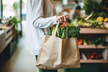 hand with eco bag and vegetables.