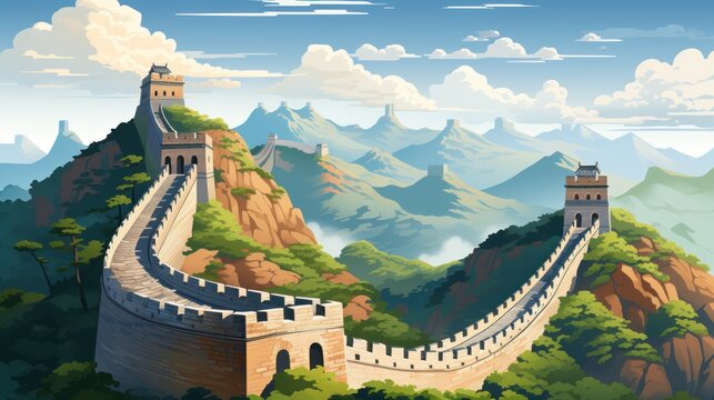 Beautiful landscape of the Great Wall of China, a famous Chinese landmark with postcards or travel posters, Vector illustrations.