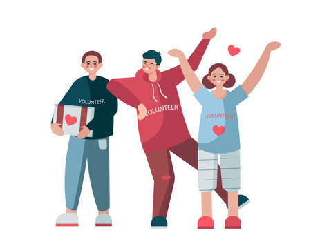Male holding box with aid, man and lady happy to help. Support volunteer movement. Happy volunteers working together. Activists are invited to join charity. Flat vector illustration in cartoon style