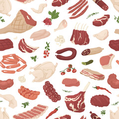 Seamless pattern with meat products and vegetables. Fresh chicken, beef, pork fillet  and sausages. Concept for farms and food markets. Vector illustration isolated on white background.