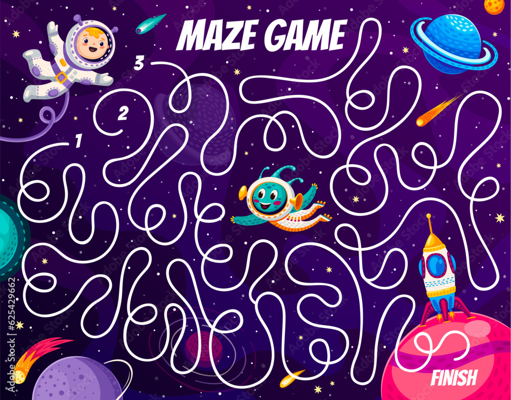 Aufkleber Labyrinth maze, help to kid astronaut to find a spaceship at starry galaxy. Vector quiz game worksheet. Help spaceman to find way to space rocket on galaxy with alien UFO and stars on labyrinth maze