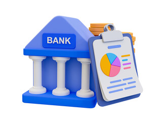 3d minimal money-saving concept. money depositing. money management. future investment. bank with statistical data clipboard. 3d illustration.