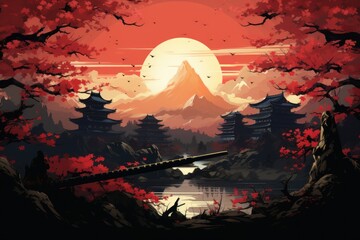 Japanese art with the ancient design of samurai training sword near emperor castle, vector