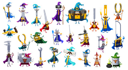 Fototapeta na wymiar Cartoon tools wizard and warlock characters. Vector wallpaper roll, axe, drill, file or fretsaw, ruler pliers, jigsaw and planer, vice, trowel, tape measure, hammer or sledgehammer fantasy mages set