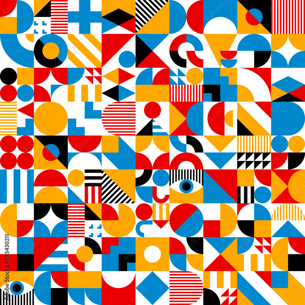 Poster Bauhaus elements seamless pattern of geometric shapes grid, vector background. Bauhaus pattern or Scandinavian and Swiss modern or retro art elements and colors in mosaic tile or minimal pattern