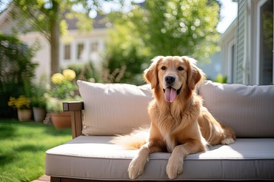 Cute Golden Retriever canine sitting on the couch in the living area