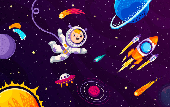 Kid astronaut in outer space, rocketship and cartoon starry galaxy landscape, vector background. Boy spaceman adventure in galaxy fantasy with alien UFO and rocket shuttle or galactic spacecraft