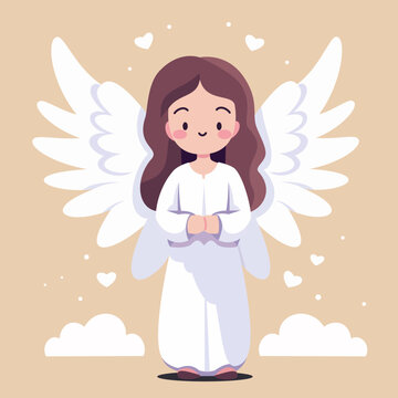 Flat vector children's illustration. Cute angel with wings in clouds and hearts. Cartoon print for printing on children's products . Vector illustration