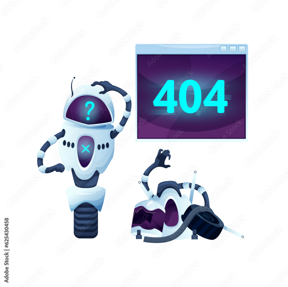 Poster 404 Page with cartoon screen and robot looks puzzled, as if unsure how to help the user navigate to the correct page. Online bot crash accident. Robotic assistance failure, website on technical work
