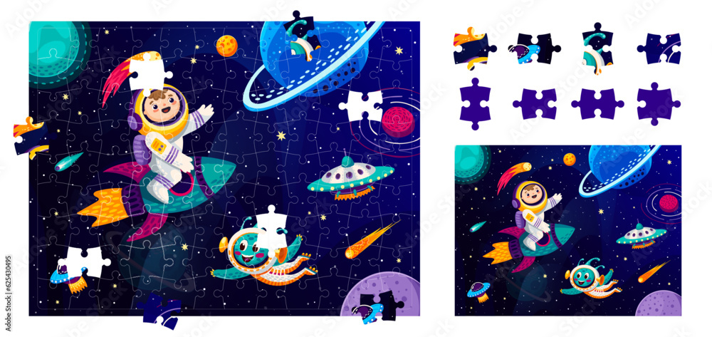 Poster cartoon alien, astronaut and space planets in jigsaw puzzle game, vector kids worksheet. jigsaw puzz