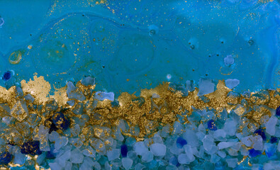 Abstract Blue Sea Art with Stones, Gold Sand and Acrylic Paint