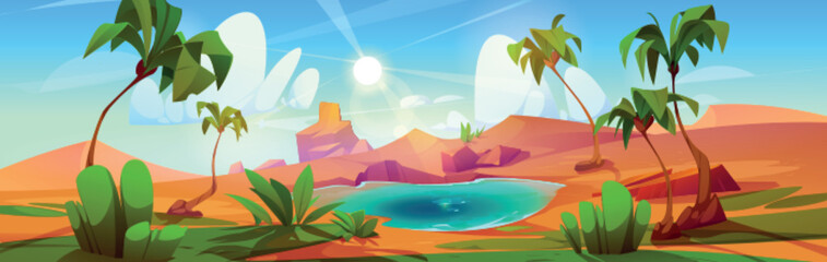 Fototapeta na wymiar Cartoon desert oasis with lake and palm trees. Vector illustration of sandy landscape with dunes, green tropical plants, blue water in pond, hot sun shining in sky with clouds. Travel game background