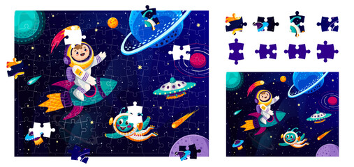 Cartoon alien, astronaut and space planets in jigsaw puzzle game, vector kids worksheet. Jigsaw puzzle to match and fit correct suitable pieces of picture with boy spaceman on rocket and UFO in galaxy