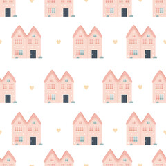 Seamless vector pattern in pastel colors. Cute pink houses and beige hearts. Vector illustration