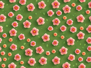 Seamless pattern of 3d Pink Rose Flowers on green Background