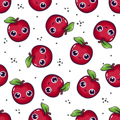 Seamless vector pattern in kawaii style. Cute red apples with big eyes on white background. Cartoon style. Vector illustration