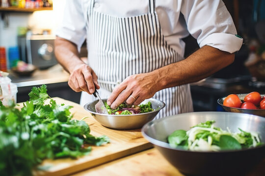 Cropped image of hands preparing food on table. 