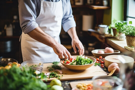 Cropped image of hands preparing food on table. 