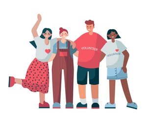 Smiling team standing together. Support volunteer movement. Happy volunteers working together. Activists are invited to join charity. Flat vector illustration in cartoon style