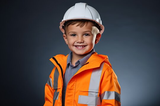 Portrait of a cute little boy in a construction helmet.Generative Ai