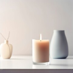 Fototapeta na wymiar A scented candle on a white table with vases on a modern minimalist background.