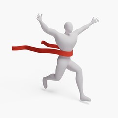 3d render of man crossing the finish line ribbon raising both hands up.