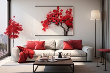 Decorate a contemporary white living room with vibrant red flowers.