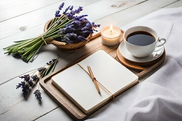 Obraz na płótnie Canvas notebook with lavender and coffee