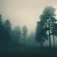 Pine landscape with fog.
