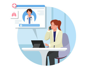 Fototapeta na wymiar Business lady calling to doctor to make an appointment. Quick and easy way to receive medical advice and treatment from comfort of ones own home. Digital prescriptions and teletherapy. Flat vector