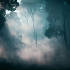 Trees in the fog. The smoke in the forest in the morning. A misty morning among the trees.