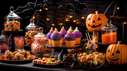 Table with festive Halloween sweets