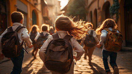 Group of kids running and hurrying to the school, back view.  The new academic semester year starts. Generative AI