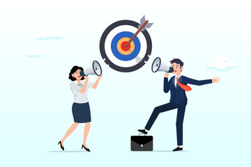 Business people speak on megaphone the same target, effective communication for team success and achieve goal, meeting or discussion to speak the same goal, communicate important purpose (Vector)