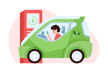 Driver recharging electric car at charging station. Eco-technology for electricity generation. Gasoline alternative concept. Green energy source in everyday life. Flat vector illustration