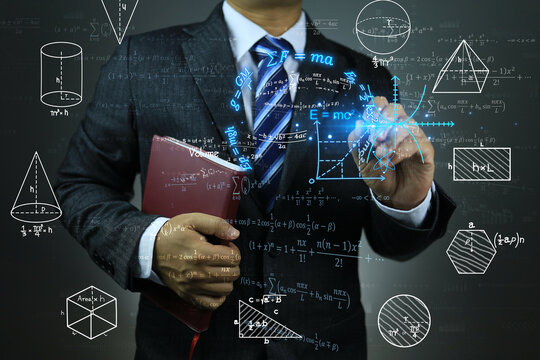 A university professor used a pen to write physics equations on a blank space, and geometric figures floated around him, demonstrating that he was very knowledgeable and extremely intelligent.