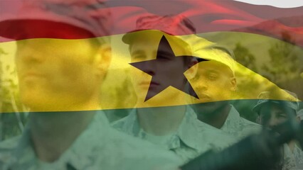 Animation of flag of ghana over diverse male soldiers - Powered by Adobe