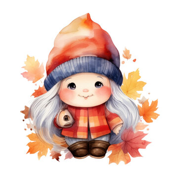 recommend clip art: Watercolor of chubby cute gnome girl, halloween theme. Generative AI